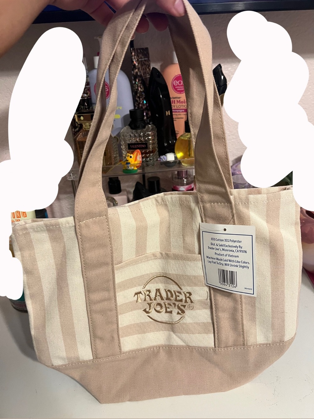 Trader Joe's Beige Stripe Canvas Tote Bag with Long Handles